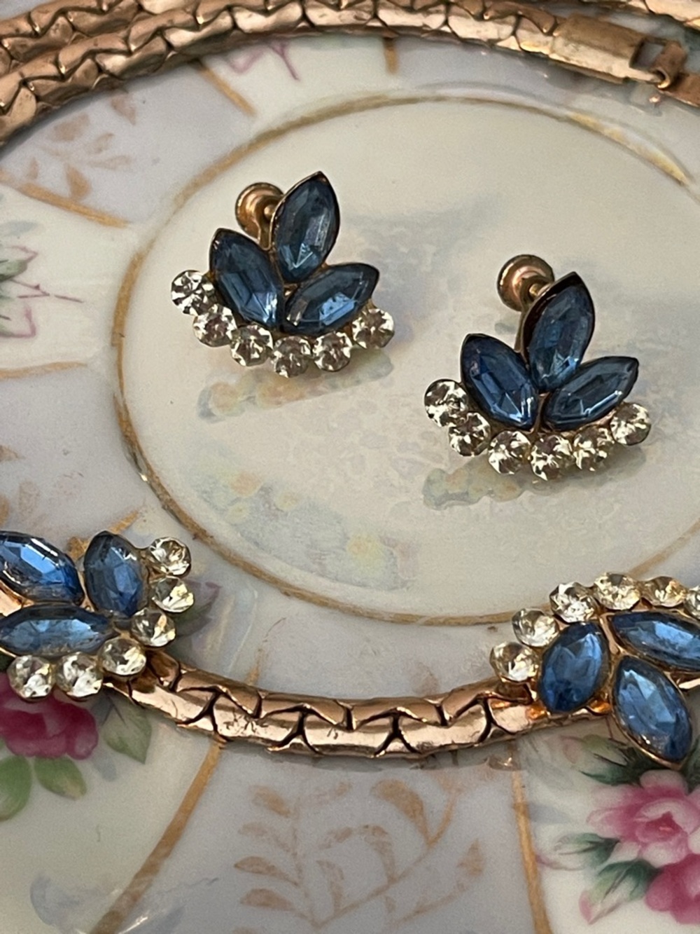 Vintage Gold Plated Blue & Clear Rhinestone Matching Necklace/Earring Set - Picture 8 of 10